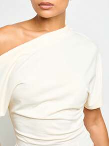 AiiRZ 不对称露肩上衣垂坠紧身衬衫优雅晚会休闲半袖时尚 T 恤 - 杏色 - 查看 5