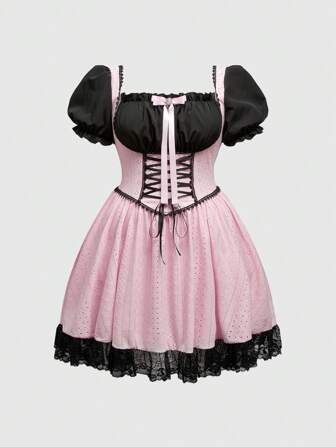 Kawaii Plus Size Women Vintage Hollow-Out Textured Fabric Cross & Bow Lace Trim Midi Dress