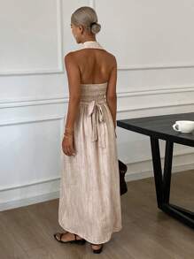 Livesso Women's Summer Turn-Down Collar Halter Waist Flared Midi Backless Dress - Beige - View 3