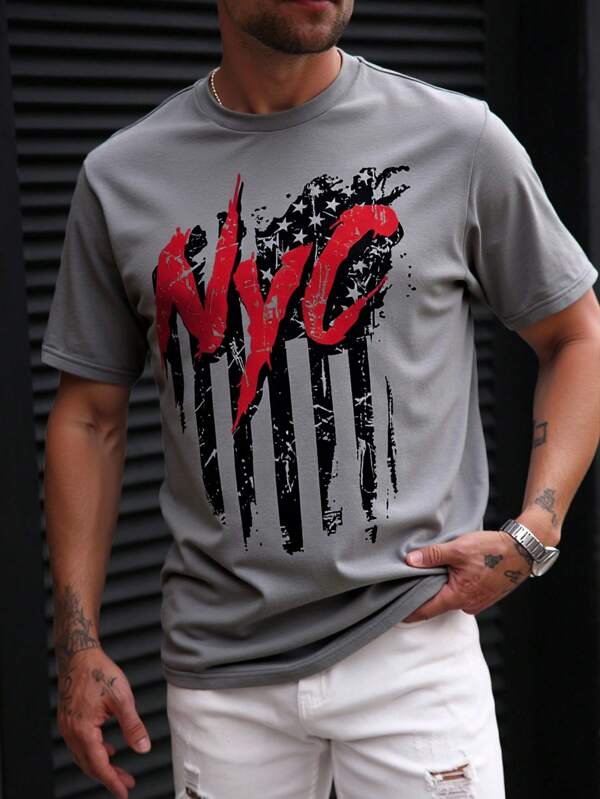 Manfinity Homme Camiseta casual de manga corta con cuello redondo y estampado de letras para hombre, camiseta gráfica de verano. Camiseta casual de verano con estampado de bandera americana, estilo adecuado para el 4 de julio.