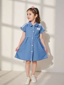SHEIN Explorewe Back-To-School Blue Autumn Girl Denim Dress,Casual Short Sleeve Polo Collar Washed Cotton Feel Jeans Dress For Girls,Outdoor School Daily Wear - Blue - View 4