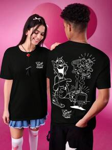 TOM & JERRY X SHEIN 男女款休闲修身卡通黑白卡通图案短袖T恤