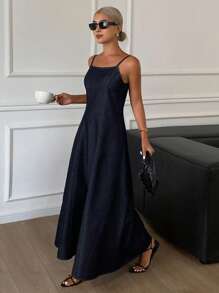 Livesso 西部牛仔纯色束腰露背细肩带连衣裙，休闲度假夏季女式牛仔连衣裙 - 藍色 - 查看 1