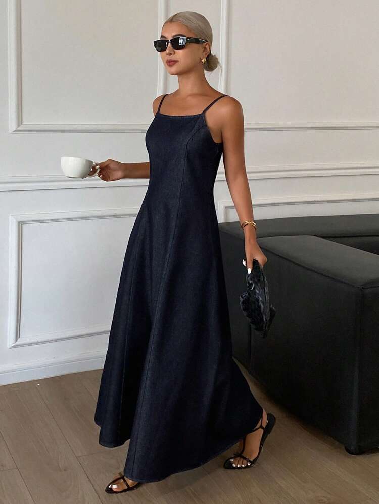 Western Cowgirl Solid Color Waist-Cinched Backless Spaghetti Strap Dress, Casual Resort Summer Women Denim Dress