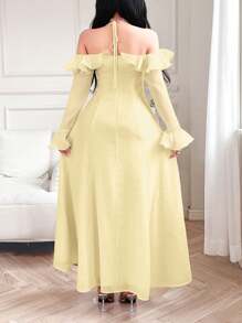 Feyla Women's Elegant Solid Color Ruffle Flare Sleeve Halter Dress - Yellow - View 2