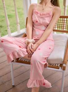 SHEIN Star Print Ruffled Cami Top And Pants Pajama Set - Multicolor - View 3