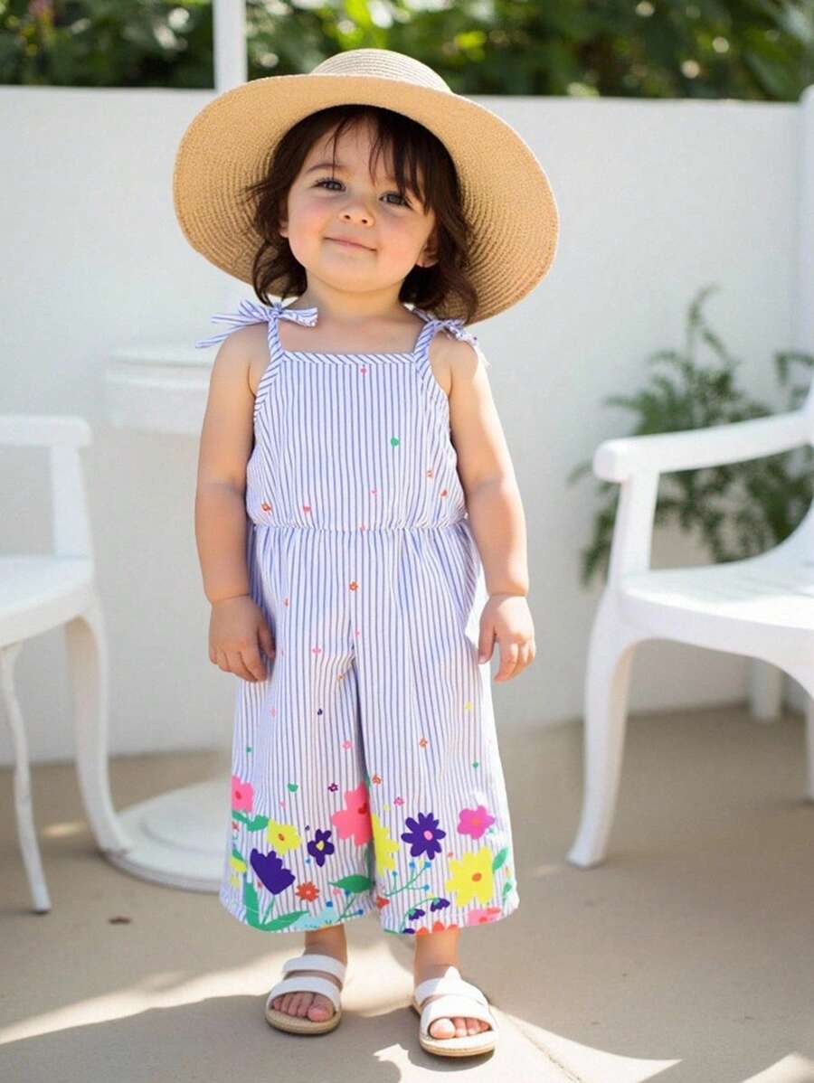 Baby Girls Summer Casual Vacation Chiffon Striped Floral Print Sleeveless Jumpsuit - Blue - View 1
