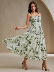 Anewsta French Countryside Plant Printed Wood Bead Strap Dress