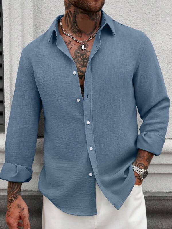 Manfinity CasualCool Men's Solid Color Linen Casual Long Sleeve Shirt Men Casual Long Sleeve Shirts Mens Textured Shirt Blue Button Down Shirt Men