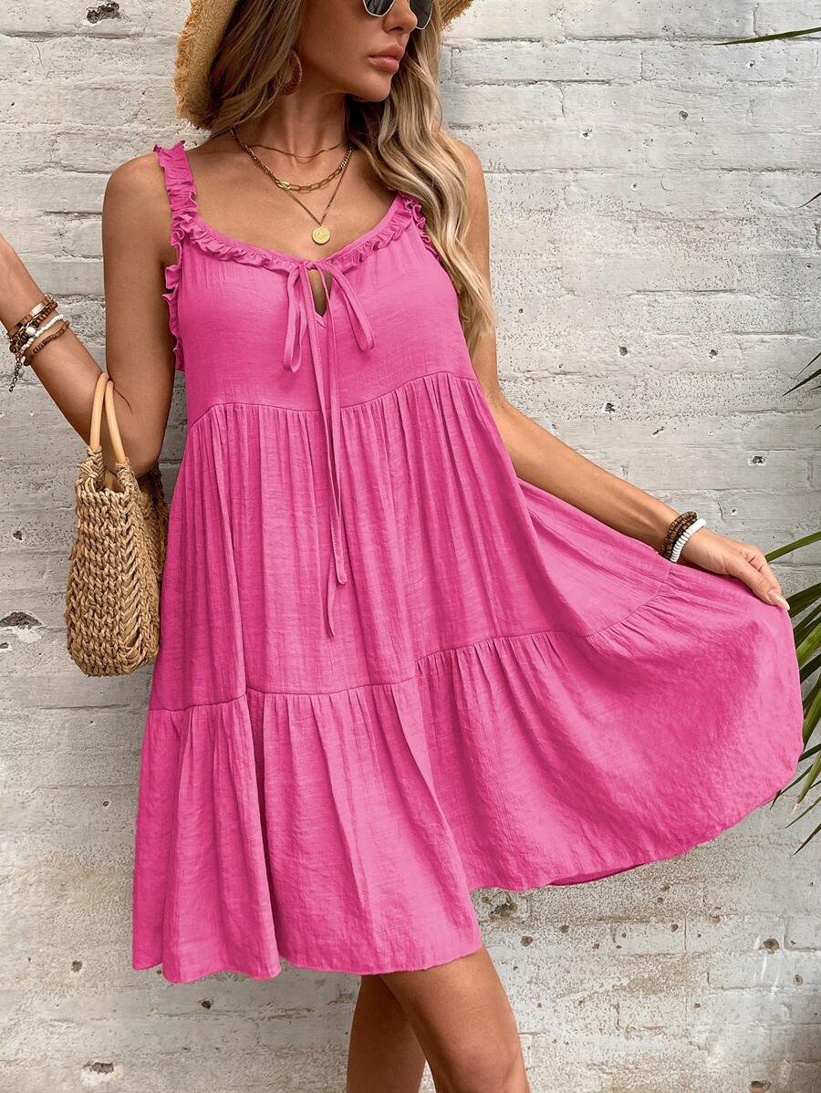 Swim Vcay Women's Summer Beach Solid Color Sleeveless Frill Trim Tie Front Cover Up Dress - Hot Pink - View 1