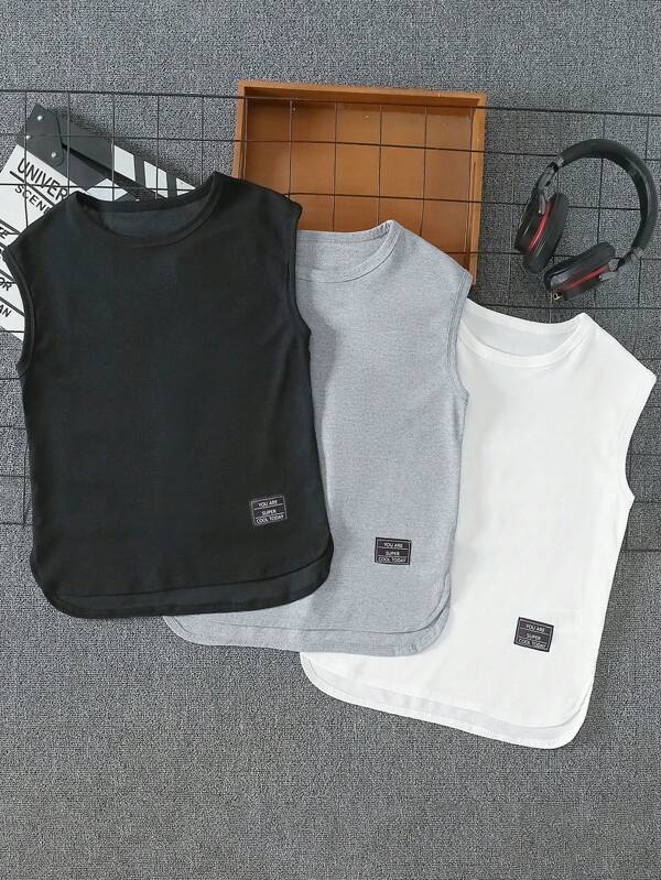 3 pièces/set Débardeurs d'été décontractés de style de base pour pré-adolescents, noir, gris floral, blanc