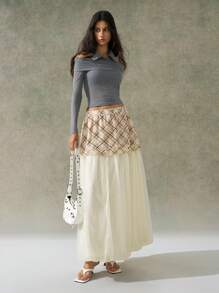 LYSMO 2025 Neuheiten Frühling-Sommer Damen Französischer Stil eleganter Wickel-Krawatte Karomini-Rock mit Layering-Design, Patchwork Bubble-Saum Organza A-Linien-Rock, 2-in-1-Look, französische Eleganz, Premium-Qualität, jugendlich Frühling-Sommer, Boho Chic