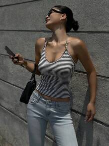 DAZY 女式夏季串珠吊带无袖黑白条纹背心，返校服装 - 灰色 - 查看 7