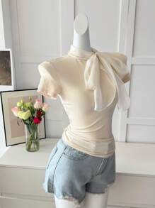 DAZY Women's Summer Tie Strap Short Sleeve Fitted T-Shirt, Elegant Casual Tee For Urban Life