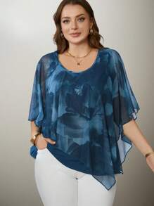 Flouryn 大码女式优雅网眼衬衫、飘逸斗篷衬衫、休闲时尚 - 綠色 - 查看 3