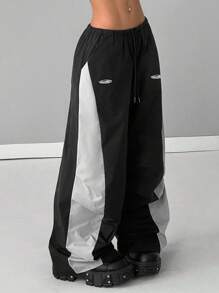 SHEIN PETITE CURVE 大码女式夏季音乐会街头风外出撞色降落伞裤，适合秋冬季情人节 - 黑色 - 查看 5