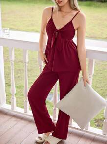 SHEIN 女士夏季结饰吊带背心和裤子睡衣套装 - 酒紅色 - 查看 3