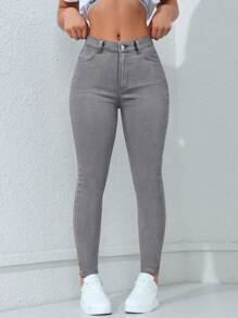 Flexra Quần Jeans Skinny Cài Nút Màu Trơn Thường Ngày Cho Nữ - Xám - Xem 4