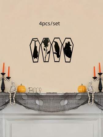 Goth Set de 4 piezas de decoración de pared gótica, cuervo autoadhesivo de acrílico, ataúd, murciélago, rosa colgante, arte ocultista para una estética oscura en la habitación, decoración del hogar para Halloween