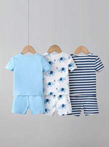 6pcs/Set Infant & Toddler Boys' Elephant Print Striped Shorts, Snug Fit Spring/Summer Casual Wear