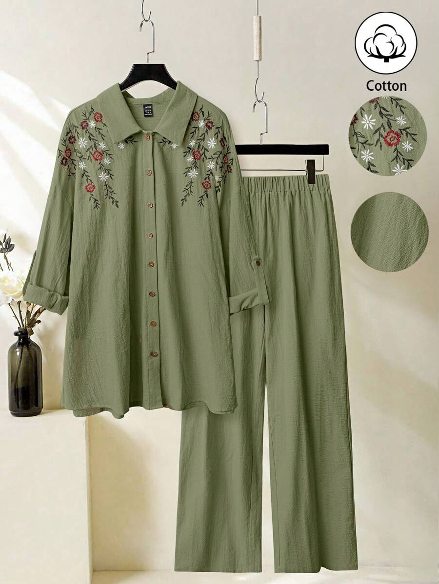 Modelyn 2pcs Women Floral Embroidered Long Sleeve Shirt And Pants Casual Set - Green - View 1