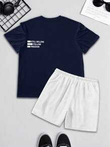 Manfinity Homme Men's Casual Outfit Including Navy Blue Short Sleeve T-Shirt With "Still Willing To Follow Freedom" Graphic Print, Paired With White Sports Shorts. Fashionable And Elegant, Also Makes A Great Gift For Boyfriend. Men's Shorts Set, Plus Size Men's 2-Piece Outfit, Travel Set.