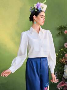 Frida Kahlo X SHEIN X Designer Israel Jasso White Floral Print Buttons Puffed Long Sleeves Pockets Shirt Women Summer Vacation