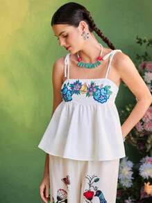 Frida Kahlo X SHEIN X Designer Oxana Summer Vacation Holiday Floral Print Knot Shoulder Babydoll Cami Top