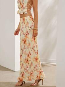 L'Amorae Floral Print Shirred Maxi Skirt For Summer Vacation