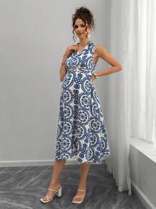 孕妇 A 字形连衣裙，翻领，系带腰带 - 藍白色 - 查看 1