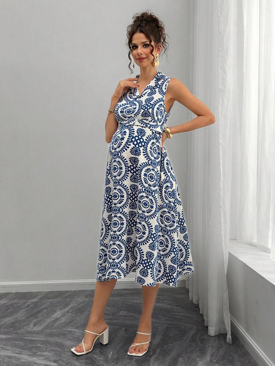 孕妇 A 字形连衣裙，翻领，系带腰带 - 藍白色 - 查看 1