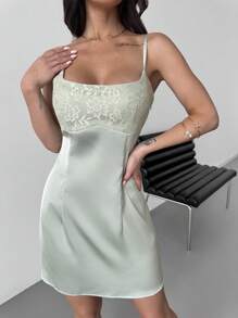 Firerie Women's Summer New Simple Elegant Vacation Beach Holiday Outing Fashion Green Contrast Lace Textured Laser Cut Satin Mini Dress