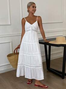 Livesso Women's Tie Up Spaghetti Strap Dress, Sweet Bohemian Style For Vacation, Summer,Casual Women Dresses,Back To School Clothes - White - View 5