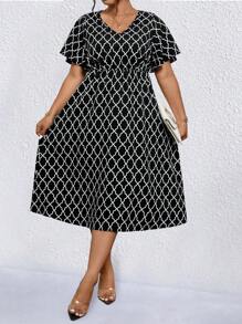 Cravure Đầm Maxi Thanh Lịch Cổ Chữ V In Hình Hình Học Size Lớn Cho Nữ Tay Ngắn Xếp Ly - Đen và trắng - Xem 6