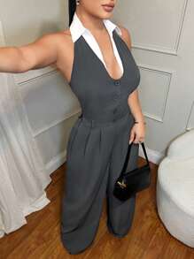 SHEIN SXY Women's Grey Chic Summer Minimalist Professional Collared Jumpsuit,Backless Wide Leg Office Business Formal Wear,Halter Jumpsuit - Grey - View 5