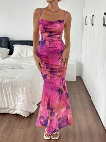 Almamuse Halloween Women's Casual Holiday All-Over Print Open Back Spaghetti Strap Dress, Going Out - Hot Pink - View 6