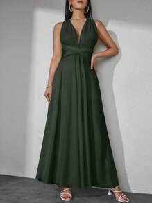 EURMUSE 女士优雅纯色不对称肩部收腰连衣裙 - 軍綠色 - 查看 4