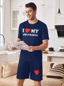 可爱心形图案拼色印花情侣男士家居服套装，适合男友的礼物 - 藏蓝色 - 查看 6