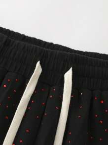 ROMWE MEN Men's Street Life Rhinestones Decor Printed Drawstring Waist Casual Fashion Shorts - Black - View 4