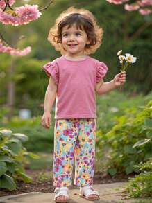 SHEIN Maglietta estiva con maniche corte con motivo floreale per bambina con pantaloni lunghi con cintura, vestito da vacanza estivo