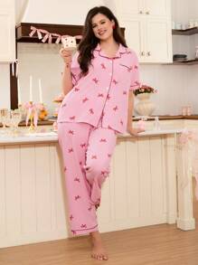 Conjunto de pijama de talla grande con Top de manga corta con volantes y lazo, y pantalones a rayas - Multicolor - Ver 3