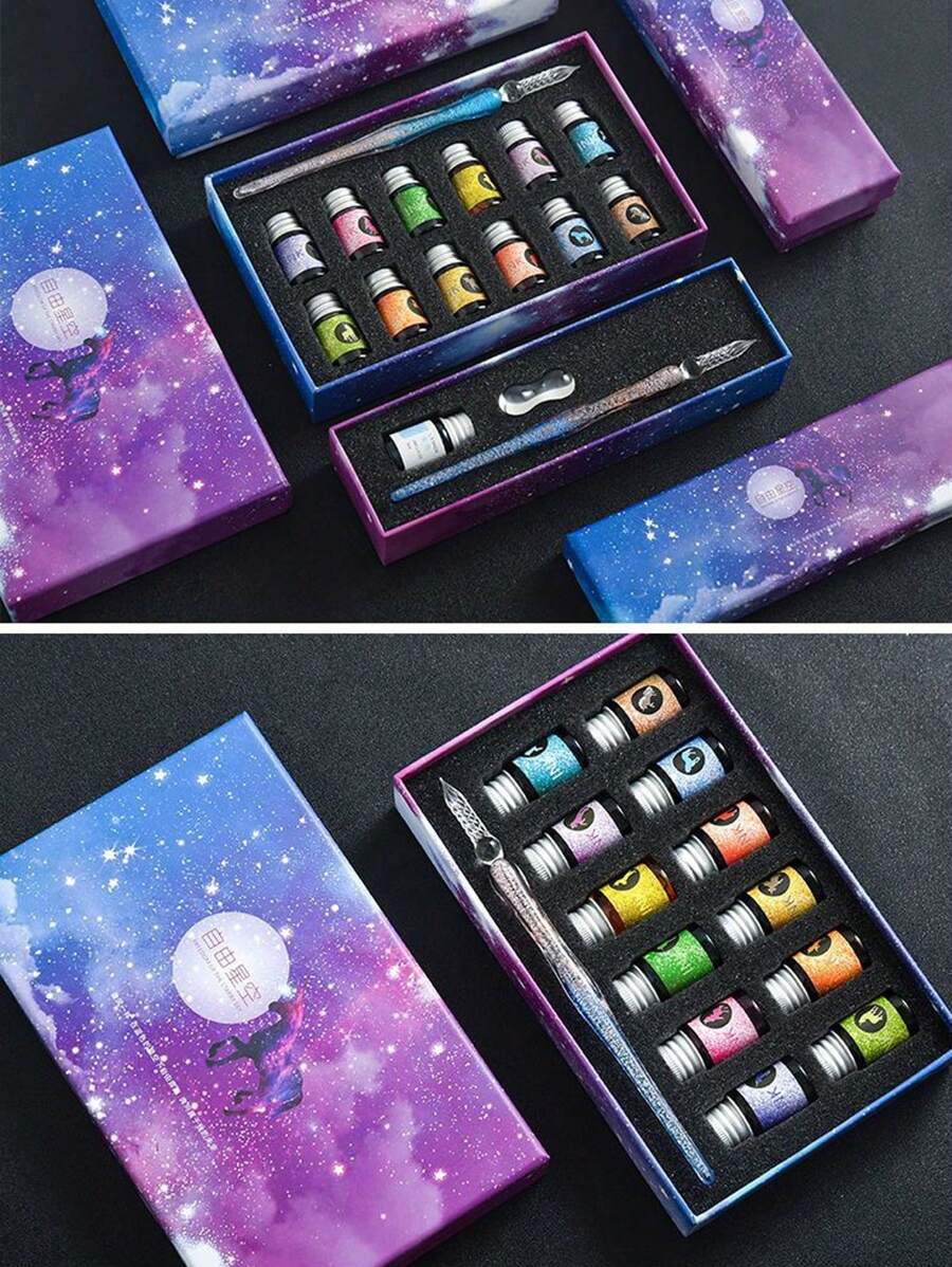 Starry Sky Pen, Glass Pen Gift Box Set, Dip Pen, Business Gift Pen, Dip Pen For Students To Practice Calligraphy And Painting, School Reward Prize, Classmate Birthday Gift