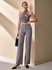 CLARA VERO Women's Solid Color Pintuck Elegant Straight Leg Trousers For Commuting - Grey - View 7
