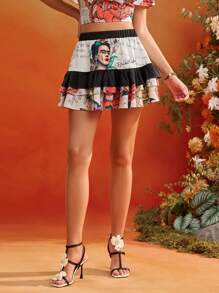 Frida Kahlo X SHEIN X Designer KATHARSIS 夏季花卉印花荷叶边多层松紧腰迷你裙夏季