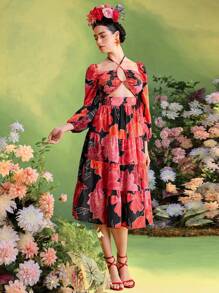 TIYA Frida Kahlo X SHEIN X Designer Floral Printed Bishop Sleeves Halter Neck Smocking Layered Midi Dress Women Summer Dress - Multicolor - View 5