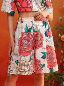 Frida Kahlo X SHEIN X Designer KATHARSIS Summer Floral Printed High-Waist Wide Leg Shorts Women Summer Outfits