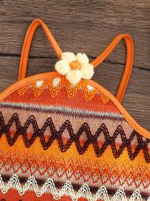 SHEIN Gaun Bayi Perempuan Kasual Sederhana Nyaman Model Halterneck Bergaris Motif Bunga 3D - Jeruk - View 8