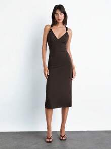 Maija Dark Brown Summer Elegant Dinner Date V-Neck Dress With Twisted Rope & Metal Decoration On Shoulders,Urban Business Party Wedding Y2K Style Dress - Coffee Brown - View 5