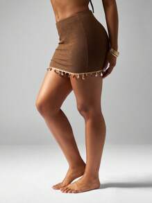 MISSGUIDED Knitted Micro Mini With Crystal Trim - Brown - View 5