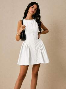 Poéselle 女式性感简约纯色露背系带无袖飘逸下摆迷你连衣裙，夏季